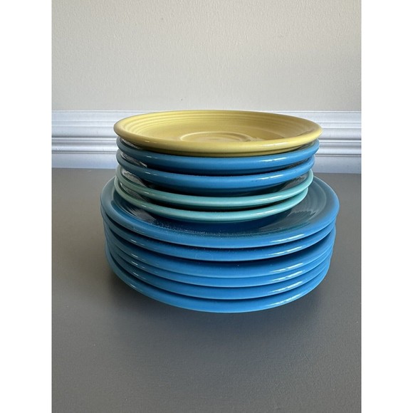 11 Fiesta Salad/Dessert Plates 7 1/4-6 inch Turquoise Yellow & Peacock Teal